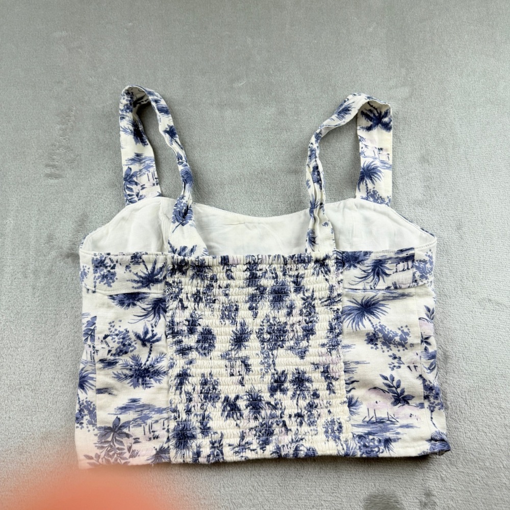Abercrombie & Fitch Women's M Blue White Tropical Toile Linen Smocked Crop Top - Picture 2 of 9